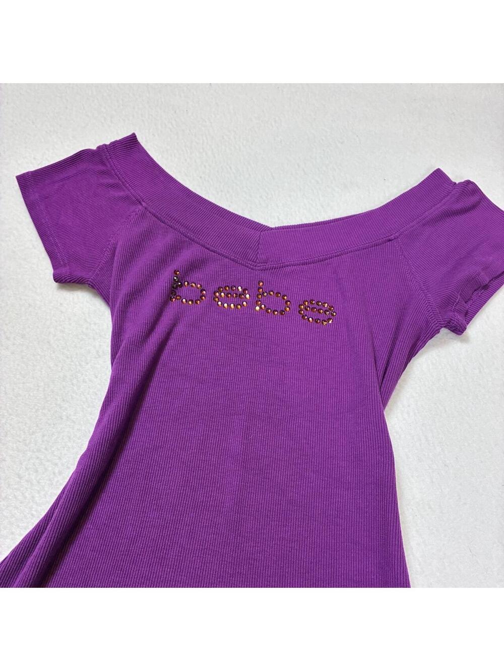 Y2K Bebe Medium Purple Off the Shoulder top with red rhinestone spellout Y2K USA